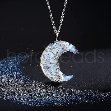 Resin with Opalite Chip Inside Moon with Tree of Life Copper Wire Wrapped Pendant Necklaces WGC6175-03-1