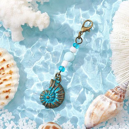 Ocean Theme Alloy Charm & Glass Beads Pendant Decorations HJEW-JM03158-01-1