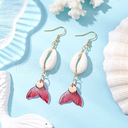 Natural Cowrie Shell Glass Dangle Earrings EJEW-JE06385-07-1