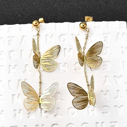 304 Stainless Steel Butterfly Tassel Stud Earrings EJEW-D308-11G-1
