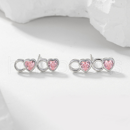 Heart Sterling Silver Pink Cubic Zirconia Stud Earrings ZA6656-2-1
