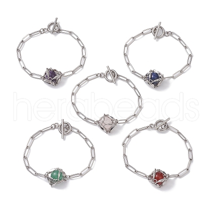Round Mixed Gemstone Link Macrame Pouch Bracelets BJEW-JB10275-1