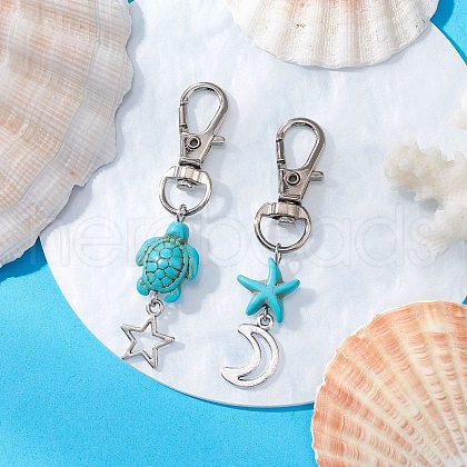Starfish Turtle Synthetic Turquoise Pendant Decorations HJEW-JM03209-01-1