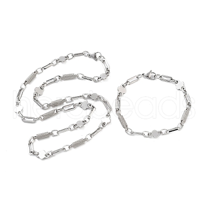 Anti-Tarnish 201 Stainless Steel Oval & Column Link Chain Necklace & Bracelets Set SJEW-G083-03P-1