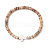 Cross Natural Coconut & Synthetic Turquoise Beads Stretch Bracelets for Men BJEW-JB11389-02-2