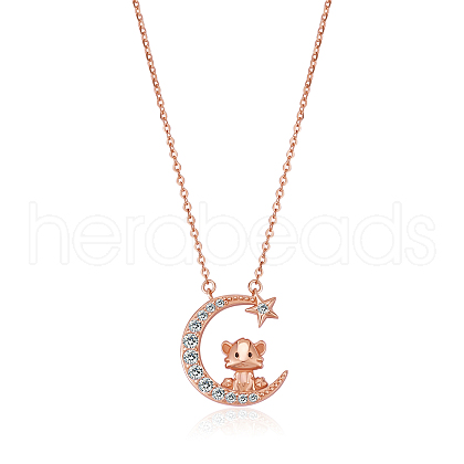 Chinese Zodiac Necklace Tiger Necklace 925 Sterling Silver Rose Gold Tiger on the Moon Pendant Charm Necklace Zircon Moon and Star Necklace Cute Animal Jewelry Gifts for Women JN1090C-1
