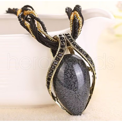 Bohemian Style Teardrop Zinc Alloy & Resin & Glass Seed Beaded Pendant Necklaces FS-WGFDF3E-06-1