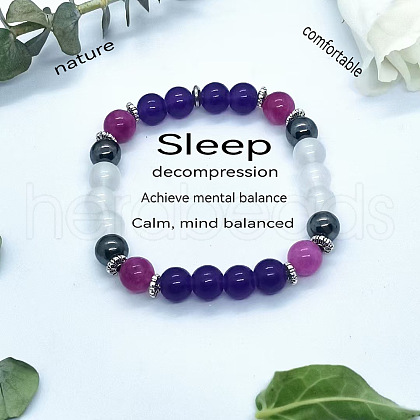 Round Natural  Amethyst& Synthetic Non-magnetic Hematite & Glass Beads Stretch Bracelets for Girl Women FS-WGE0C43-03-1