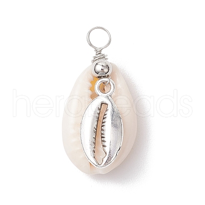 Natural Cowrie Shell & Alloy Sea Animals Pendants PALLOY-JF03751-06-1