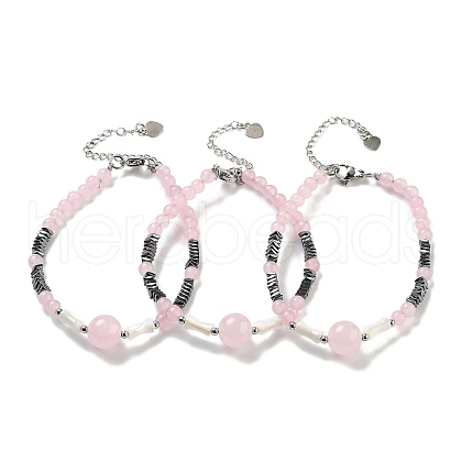 Natural Rose Quartz Round & Synthetic Non-magnetic Hematite & White Shell Beaded Bracelets for Women BJEW-K251-02A-1