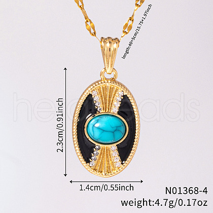 Vintage Brass Pave Synthetic Turquoise & Clear Cubic Zirconia Oval Pendant Necklaces KL9369-2-1