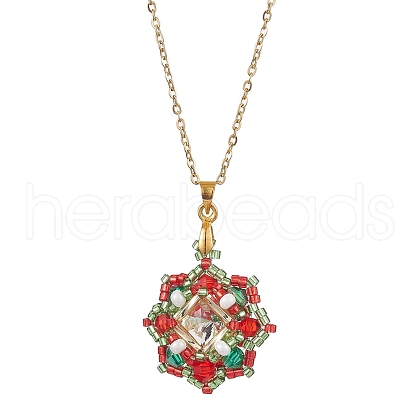 Christmas Theme Flower Glass Seed Beads & Rhinestone Pendant Necklaces NJEW-MZ00045-1