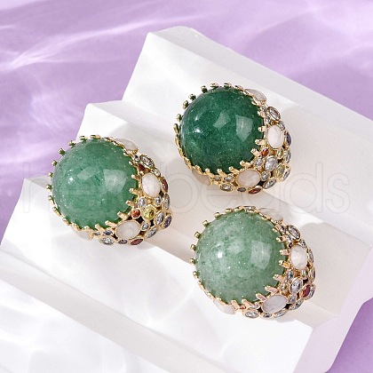 Half Round Natural Green Aventurine Cubic Zirconia Cuff Rings RJEW-M076-01G-05-1