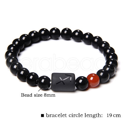 12 Constellations Protetion Natural  Carnelian & Black Obsidian Round Beads Stretch Bracelets for Men Women WG083ED-01-1