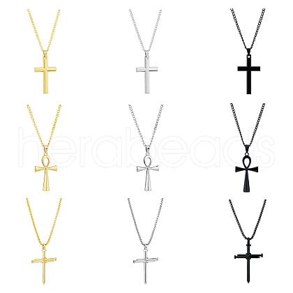 FIBLOOM 9Pcs 9 Style Stainless Steel & Alloy Cross Pendant Necklaces Set NJEW-FI0001-21-1