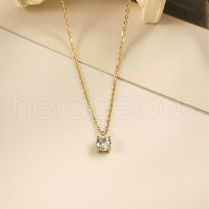 Fashionable Stainless Steel Rhinestone Flat Round Pendant Necklaces for Women QF8885-1-1