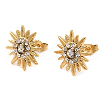 PVD Vacuum Plating 304 Stainless Steel Sun Stud Earings with Rhinestone EJEW-M224-03G-1