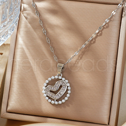 French Romantic Brass Pave Clear Cubic Zirconia & Plastic Pearl Hollow Heart Pendant Necklaces MZ4402-1-1