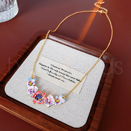 Brass Rhinestone & Imitation Pearl Colorful Flower Bib Necklaces FS-WGF5859-01-1