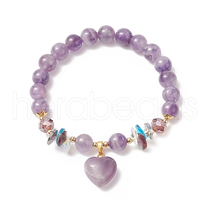 Natural Amethyst Round Beaded Stretch Bracelet with Heart Charms for Women BJEW-TA00245-1