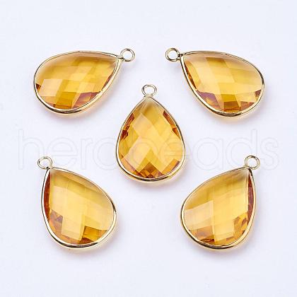 Golden Tone Brass Glass Teardrop Pendants GLAA-M006-A-20G-1