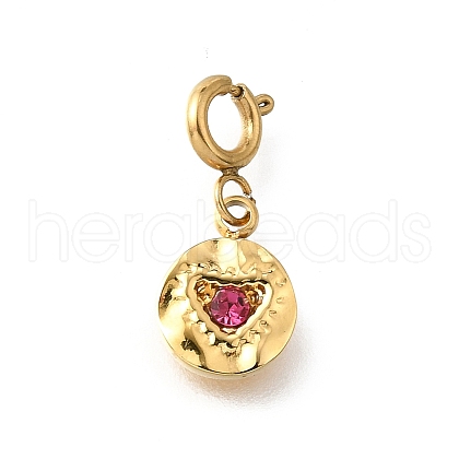 Flat Round with Heart 304 Stainless Steel Rhinestone Pendant Decorations STAS-H202-11G-1