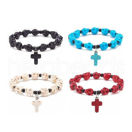 Natural Mashan Jade Skull Beaded Stretch Bracelet with Synthetic Turquoise(Dyed) Cross Charm BJEW-JB08378-1