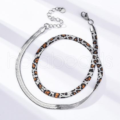 304 Stainless Steel Leopard Print Flat Snake Chain Necklaces for Women NJEW-A044-02B-P-01-1