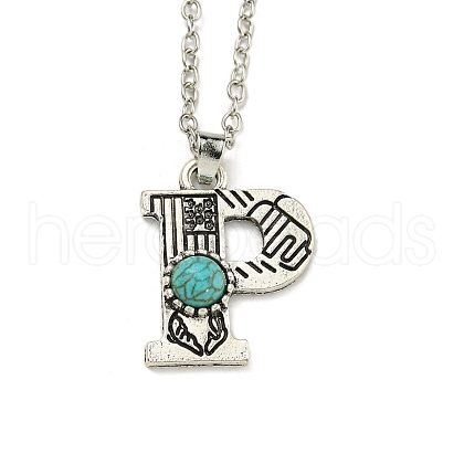 Letter A~Z Antique Silver Plated Alloy with Synthetic Turquoise Pendant Necklaces NJEW-G080-01P-1
