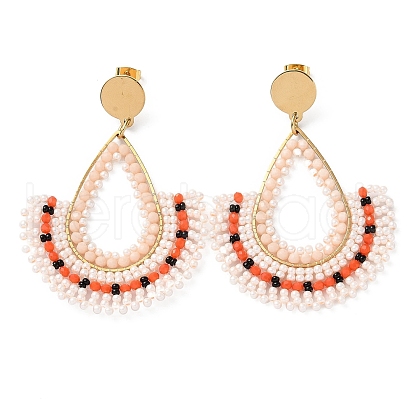 Woven Glass Beaded Teardrop Dangle Stud Earrings EJEW-A105-08G-01-1
