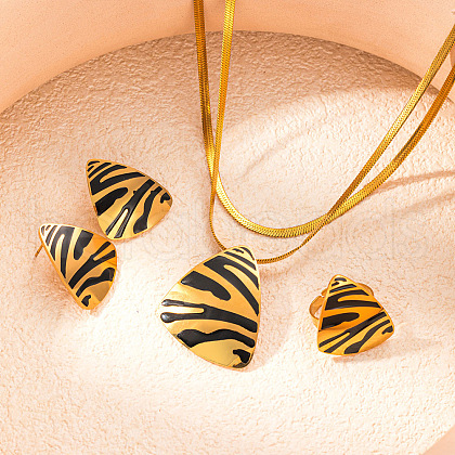 Triangle Leopard Print 304 Stainless Steel Pendant Necklaces & Stud Earrings & Rings Sets FS-WGB4C4F-04-1
