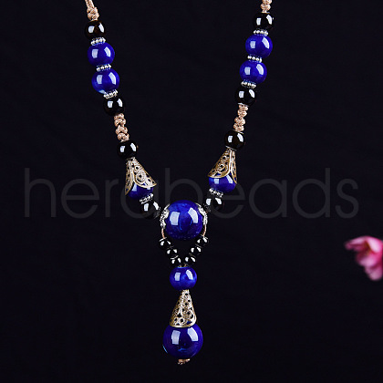 Alloy & Porcelain Teardrop Pendant Beaded Necklaces for Women FS-WG9463F-02-1