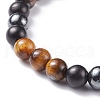 Natural Wood & Tiger Eye & Synthetic Hematite Round Beaded Stretch Bracelet BJEW-JB08150-4