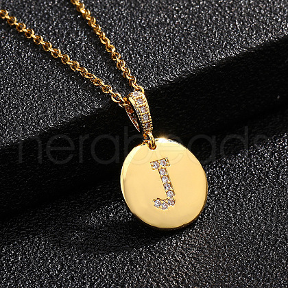 Brass Micro Pave Clear Cubic Zirconia Flat Round with Letter Pendant Necklaces FS-WG00655-10-1