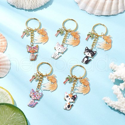 5Pcs Alloy Acrylic Cat Goldfish Keychains KEYC-JKC01214-1