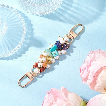 Chakra Gemstone Chip & Round White Shell Pearl Beaded Bag Extension Chains AJEW-BA00149-1