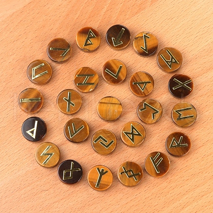 Tumbled Natural Tiger Eye with Carved Rune Words PW-WG60219-02-1