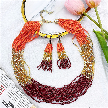 Bohemian Style Acrylic Seed Beaded Multilayer Necklaces & Tassel Dangle Earrings Sets FS-WG5C0BD-03-1