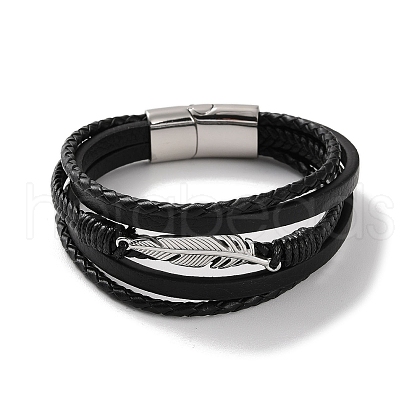 Men's Braided Black PU Leather Cord Multi-Strand Bracelets BJEW-K243-21P-1