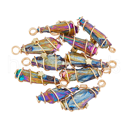 SUPERFINDINGS 10Pcs Electroplated Raw Rough Natural Quartz Crystal Copper Wire Wrapped Pendants FIND-FH0009-12A-1