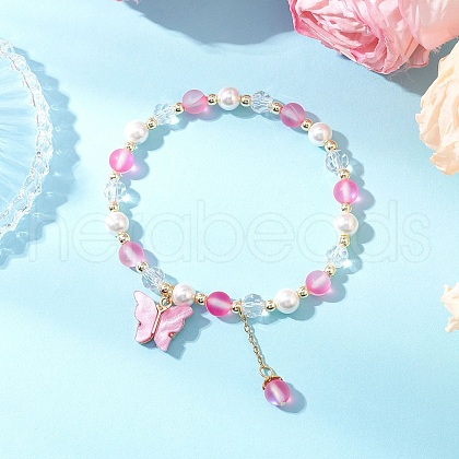 Frosted Dyed Synthetic Moonstone & Shell Pearl Round Beads Stretch Bracelets BJEW-JB11822-04-1