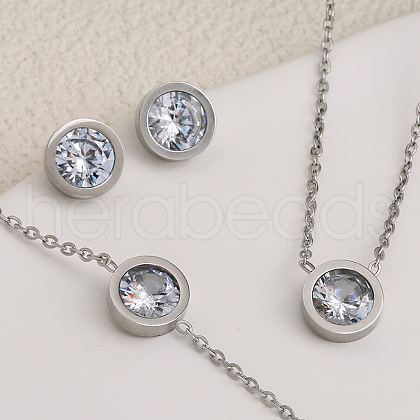 Flat Round 304 Stainless Steel Pave Clear Cubic Zirconia Link Bracelets & Stud Earrings & Pendant Necklaces FS-WG45711-02-1