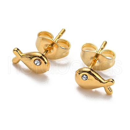 PVD Vacuum Plating 304 Stainless Steel Fish Stud Earrings with Rhinestone for Women STAS-D087-11G-1