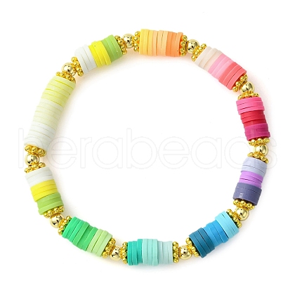 Polymer Clay Disc & Alloy Round Beaded Stretch Bracelet BJEW-JB09638-01-1