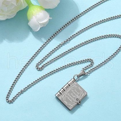 304 Stainless Steel Book Pendant Necklaces for Women NJEW-U037-01A-P-1
