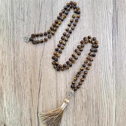 Natural Tiger Eye Mala Prayer Round Beaded Wrap Necklaces with Long Tassel and Metal Tree of Life FS-WG93CBE-04-1