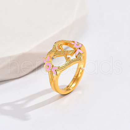 Heart & Flower Brass Pearl Pink Enamel Adjustable Finger Rings FS-WG8B9BA-22-1