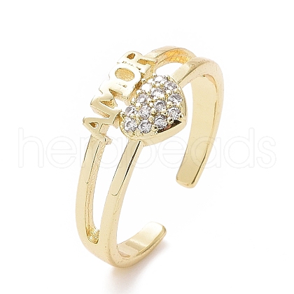 Clear Cubic Zirconia Heart with Word Amor Open Cuff Ring RJEW-I094-06G-1