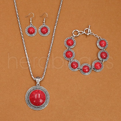Flat Round Alloy with Synthetic Turquoise Pendant Necklaces & Dangle Earrings & Link Bracelets Sets WGD1135-02-1