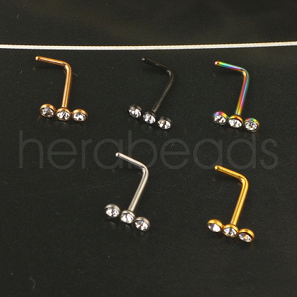 304 Stainless Steel Crystal Rhinestone 3 Flat Round L-Shaped Nose Rings WGC87C3-02-1